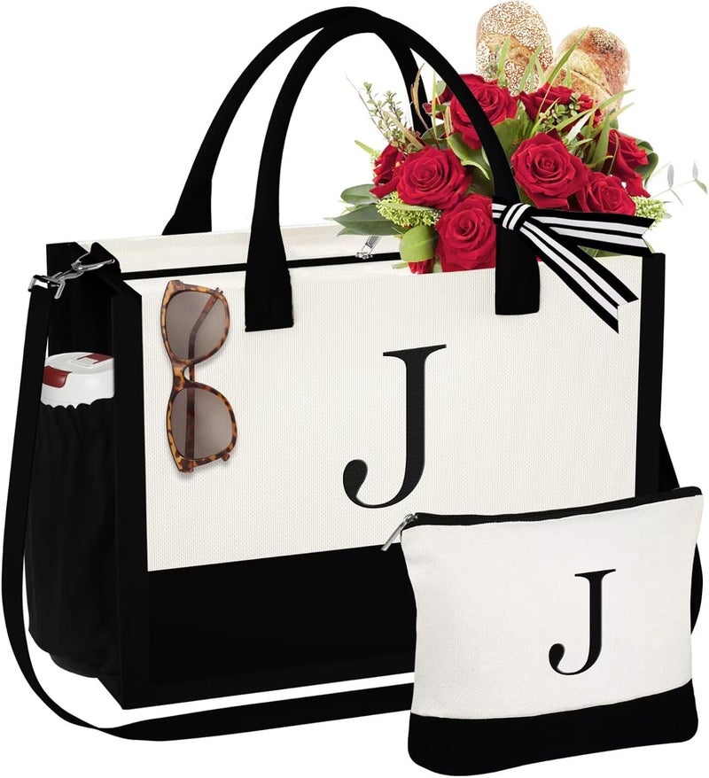 YOOLIFE Valentines Day Gifts for Women - Initial Canvas Tote Bag & Makeup Bag, Birthday Gifts for Women Mom Sister Friends - Image 1